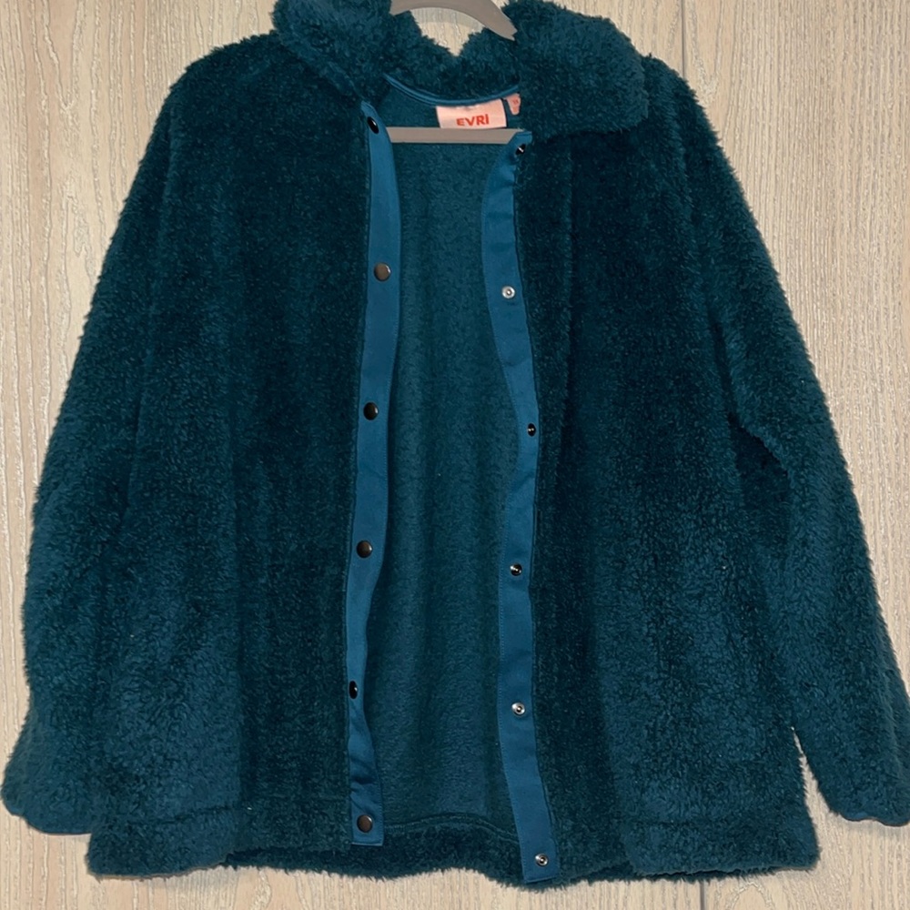 Dark green fuzzy button up jacket